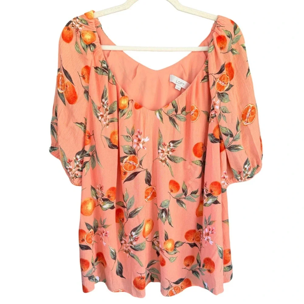 C3 LOFT Orange Citrus Fruit Print V-Neck Puff Sleeve Blouse Peach Large